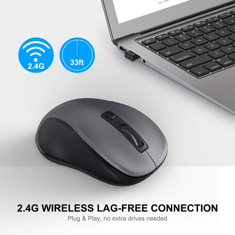 WisFox 2.4G Wireless Mouse for Laptop, Ergonomic Computer Mouse with USB Receiver and 3 Adjustable Levels, 6 Button Wireless Mice for Windows Mac PC Notebook (Grey) - Image 2